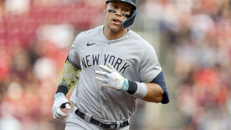 May 19, 2023; Cincinnati, Ohio, USA; New York Yankees right fielder Aaron Judge (99) runs the bases after hitting a solo home run in the first inning against the Cincinnati Reds at Great American Ball Park. Mandatory Credit: Katie Stratman-USA TODAY Sports