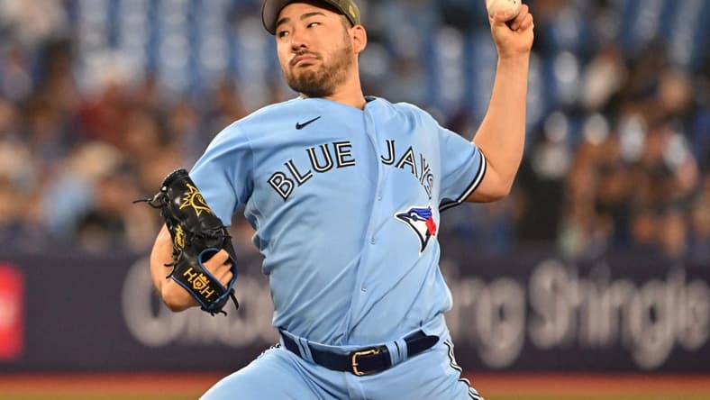 May 19, 2023; Toronto, Ontario, CAN;   Toronto Blue Jays starting pitcher Yusei Kikuchi (16) delivers a pitch against the Baltimore Orioles in the second inning at Rogers Centre. Mandatory Credit: Dan Hamilton-USA TODAY Sports