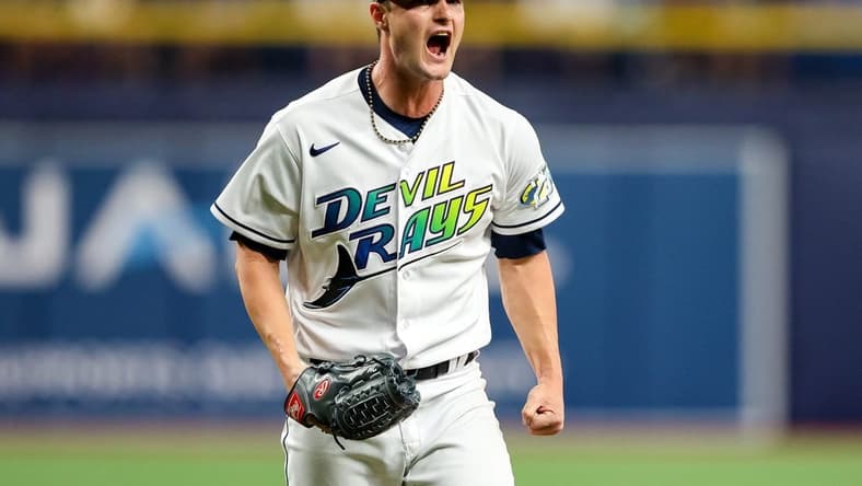 May 19, 2023; St. Petersburg, Florida, USA; Tampa Bay Rays starting pitcher Shane McClanahan (18) reacts after a strikeout against the Milwaukee Brewers in the seventh inning at Tropicana Field. Mandatory Credit: Nathan Ray Seebeck-USA TODAY Sports
