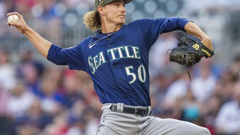 May 19, 2023; Cumberland, Georgia, USA; Seattle Mariners starting pitcher Bryce Miller (50) pitches against the Atlanta Braves during the first inning at Truist Park. Mandatory Credit: Dale Zanine-USA TODAY Sports