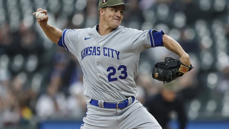 May 19, 2023; Chicago, Illinois, USA; Kansas City Royals starting pitcher Zack Greinke (23) pitches against the Chicago White Sox during the first inning at Guaranteed Rate Field. Mandatory Credit: Kamil Krzaczynski-USA TODAY Sports