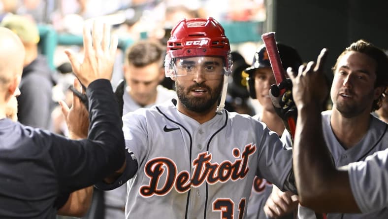 May 19, 2023; Washington, District of Columbia, USA; Detroit Tigers center fielder Riley Greene (31) is congratulated by teammates after hitting a solo home run during the sixth inning against the Washington Nationals at Nationals Park. Mandatory Credit: Brad Mills-USA TODAY Sports