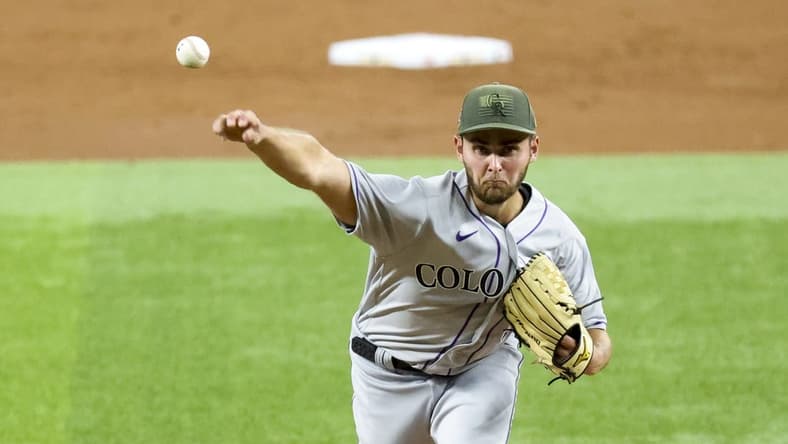 May 19, 2023; Arlington, Texas, USA; Colorado Rockies starting pitcher Karl Kauffmann (51) throws during the third inning against the Texas Rangers at Globe Life Field. Mandatory Credit: Kevin Jairaj-USA TODAY Sports
