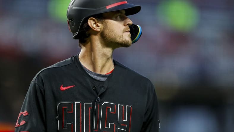 May 19, 2023; Cincinnati, Ohio, USA; Cincinnati Reds right fielder Wil Myers (4) walks off the field after striking out against the New York Yankees in the seventh inning at Great American Ball Park. Mandatory Credit: Katie Stratman-USA TODAY Sports
