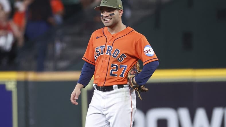 May 19, 2023; Houston, Texas, USA; Houston Astros second baseman Jose Altuve (27) smiles during the first inning against the Oakland Athletics at Minute Maid Park. Mandatory Credit: Troy Taormina-USA TODAY Sports