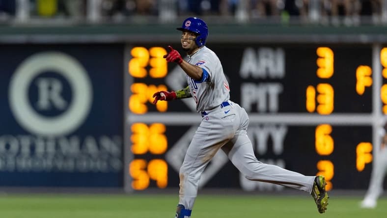 May 19, 2023; Philadelphia, Pennsylvania, USA; Chicago Cubs center fielder Christopher Morel (5) reacts as he runs the bases after hitting a two RBI home run during the ninth inning against the Philadelphia Phillies at Citizens Bank Park. Mandatory Credit: Bill Streicher-USA TODAY Sports