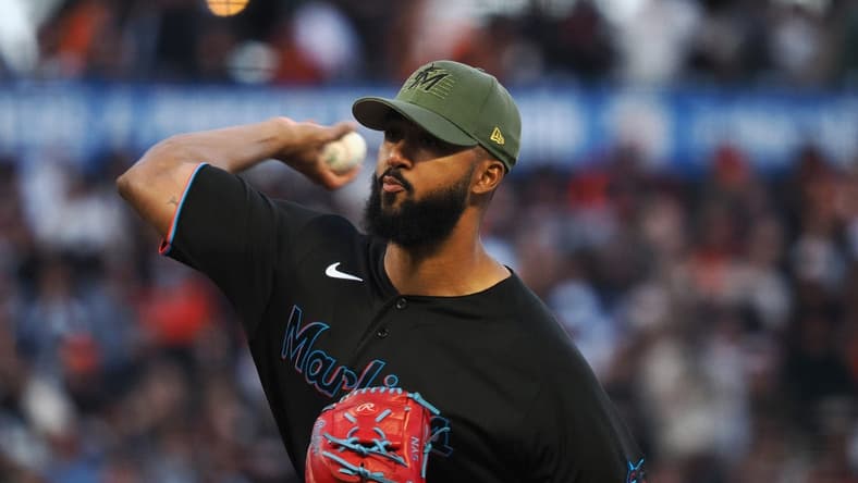 May 19, 2023; San Francisco, California, USA; Miami Marlins starting pitcher Sandy Alcantara (22) pitches the ball against the San Francisco Giants during the second inning at Oracle Park. Mandatory Credit: Kelley L Cox-USA TODAY Sports