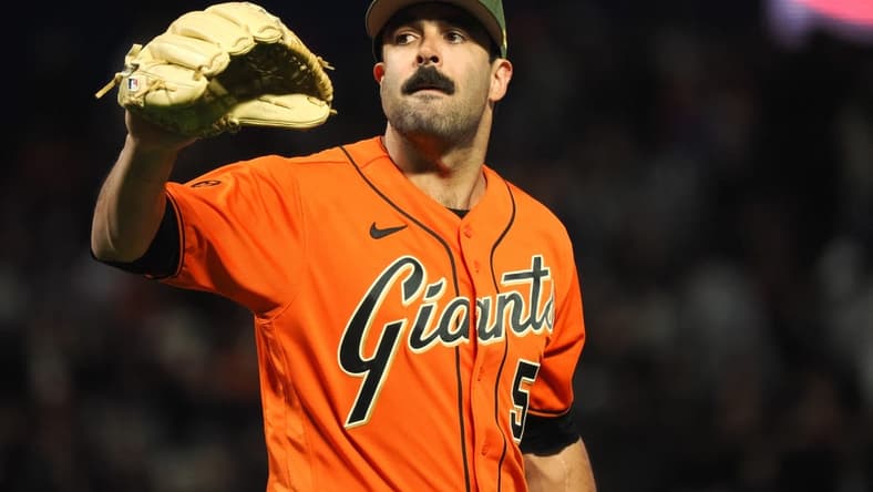 May 19, 2023; San Francisco, California, USA; San Francisco Giants relief pitcher Scott Alexander (54) between pitches against the Miami Marlins during the sixth inning at Oracle Park. Mandatory Credit: Kelley L Cox-USA TODAY Sports
