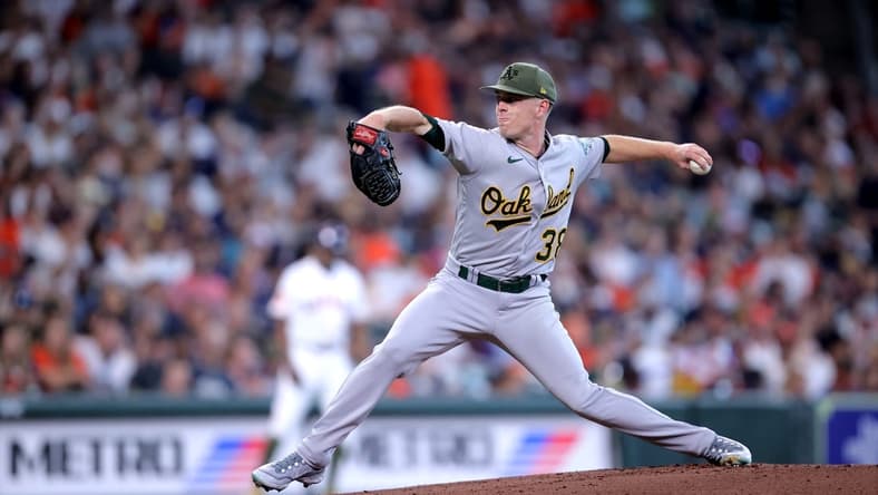 May 20, 2023; Houston, Texas, USA; Oakland Athletics starting pitcher JP Sears (38) delivers a pitch against the Oakland Athletics during the first inning at Minute Maid Park. Mandatory Credit: Erik Williams-USA TODAY Sports