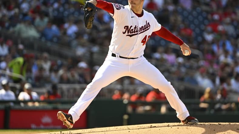 May 20, 2023; Washington, District of Columbia, USA; Washington Nationals starting pitcher Patrick Corbin (46) throws to the Detroit Tigers during the second inning at Nationals Park. Mandatory Credit: Brad Mills-USA TODAY Sports