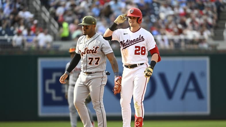 May 20, 2023; Washington, District of Columbia, USA; Washington Nationals right fielder Lane Thomas (28) reacts after hitting a double against the Detroit Tigers during the eighth inning at Nationals Park. Mandatory Credit: Brad Mills-USA TODAY Sports