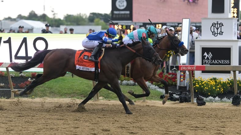 May 20, 2023; Baltimore, Maryland, USA;  National Treasure with John R. Velazquez up (1) defeats Blazing Sevens with Irad Ortiz, Jr. up (7) to win the 148th running of the Preakness Stakes at Pimlico Race Course. Mandatory Credit: Tommy Gilligan-USA TODAY Sports