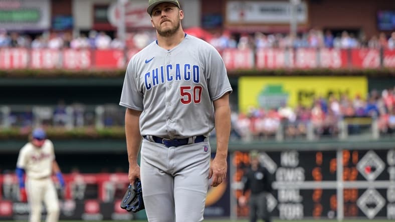May 20, 2023; Philadelphia, Pennsylvania, USA; Chicago Cubs starting pitcher Jameson Taillon (50) walks to the dugout after being pulled in the third inning against the Philadelphia Phillies at Citizens Bank Park. The Phillies won 12-3. Mandatory Credit: John Geliebter-USA TODAY Sports