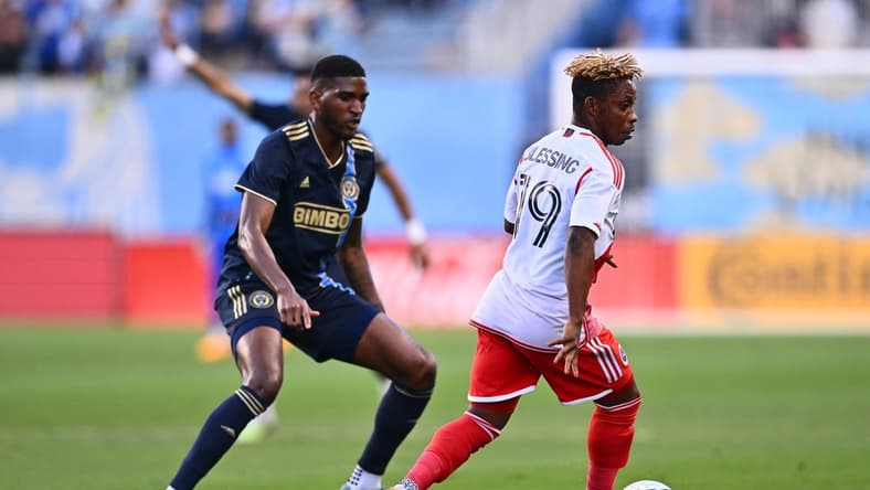 May 20, 2023; Philadelphia, Pennsylvania, USA; New England Revolution forward Latif Blessing (19) plays with ball during the first half at Subaru Park. Mandatory Credit: Kyle Ross-USA TODAY Sports