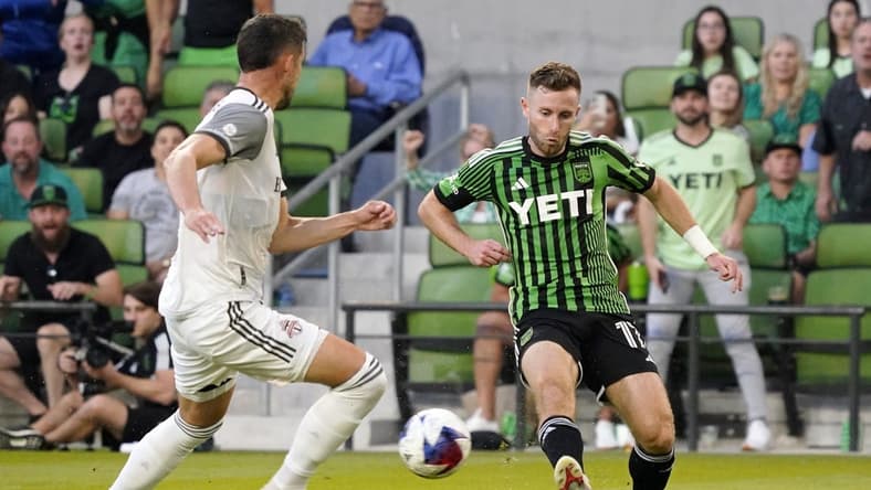 May 20, 2023; Austin, Texas, USA; Austin FC forward Jon Gallagher (17) kicks the ball against the Toronto FC during the first half at Q2 Stadium. Mandatory Credit: Scott Wachter-USA TODAY Sports