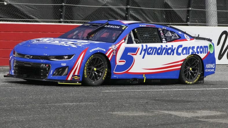 May 20, 2023; North Wilkesboro, North Carolina, USA;  NASCAR Cup Series driver Kyle Larson (5) during the second heat race at North Wilkesboro Speedway. Mandatory Credit: Jim Dedmon-USA TODAY Sports