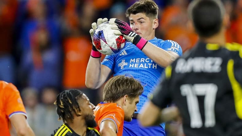 May 20, 2023; Cincinnati, Ohio, USA; FC Cincinnati goalkeeper Roman Celentano (18) makes a save against the Columbus Crew in the second half at TQL Stadium. Mandatory Credit: Katie Stratman-USA TODAY Sports