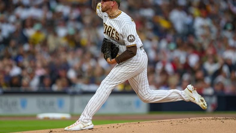 May 20, 2023; San Diego, California, USA; San Diego Padres starting pitcher Joe Musgrove (44) throws a pitch during the first inning against the Boston Red Sox at Petco Park. Mandatory Credit: David Frerker-USA TODAY Sports
