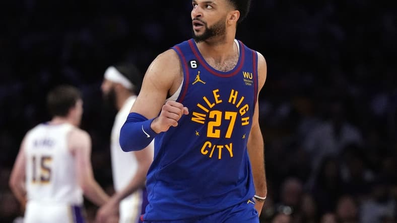 May 20, 2023; Los Angeles, California, USA; Denver Nuggets guard Jamal Murray (27) reacts in the fourth quarter against the Los Angeles Lakers during game three of the Western Conference Finals for the 2023 NBA playoffs at Crypto.com Arena. Mandatory Credit: Kirby Lee-USA TODAY Sports