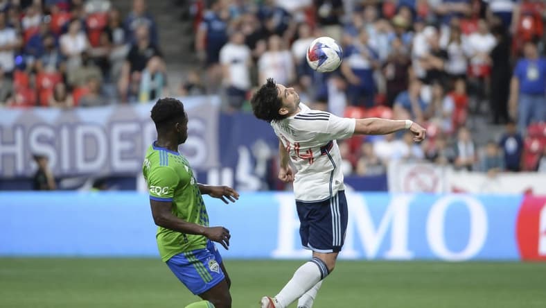 May 20, 2023; Vancouver, British Columbia, CAN;  Vancouver Whitecaps FC forward Brian White (24) traps the ball during the first half against the Seattle Sounders at BC Place. Mandatory Credit: Anne-Marie Sorvin-USA TODAY Sports