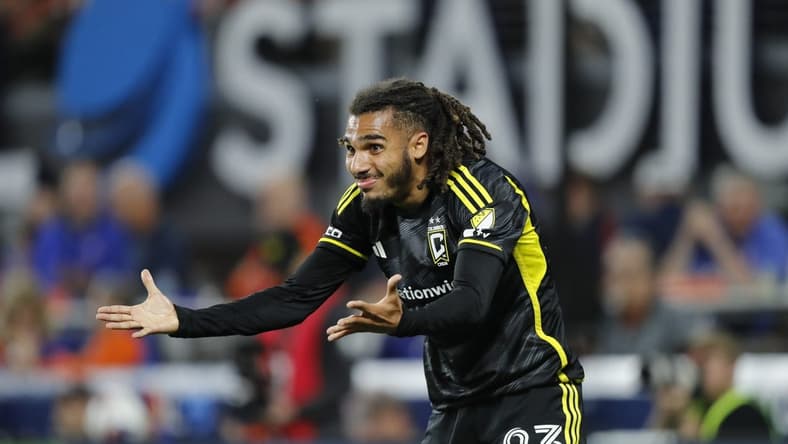 May 20, 2023; Cincinnati, Ohio, USA; Columbus Crew defender Mohamed Farsi (23) reacts during the second half at TQL Stadium. Mandatory Credit: Katie Stratman-USA TODAY Sports