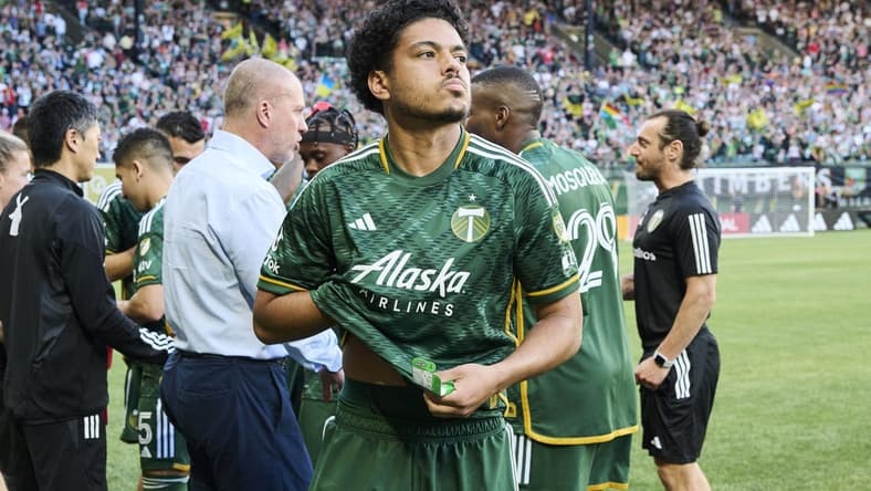 May 20, 2023; Portland, Oregon, USA; Portland Timbers midfielder Evander (20) prepares on the sidelines before a game against Minnesota United at Providence Park. Mandatory Credit: Troy Wayrynen-USA TODAY Sports