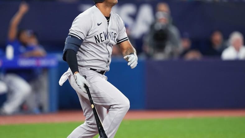 May 18, 2023; Toronto, Ontario, CAN; New York Yankees left fielder Aaron Hicks (31) reacts after hitting a double against the Toronto Blue Jays during the ninth inning at Rogers Centre. Mandatory Credit: Nick Turchiaro-USA TODAY Sports