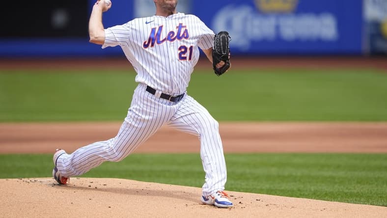 May 21, 2023; New York City, NY, USA; New York Mets pitcher Max Scherzer (21) delivers a pitch against the Cleveland Guardians during the first inning Mandatory Credit: Gregory Fisher-USA TODAY Sports