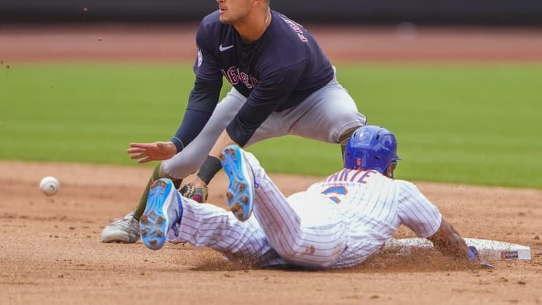 May 21, 2023; New York City, NY, USA; New York Mets right fielder Starling Marte (6) steals second base with Cleveland Guardians second baseman Tyler Freeman (2) receiving the throw during the second inning Mandatory Credit: Gregory Fisher-USA TODAY Sports