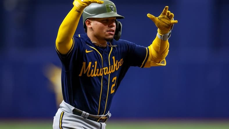 May 21, 2023; St. Petersburg, Florida, USA; Milwaukee Brewers catcher William Contreras (24) runs the bases after hitting a two run home run against the Tampa Bay Rays in the fifth inning at Tropicana Field. Mandatory Credit: Nathan Ray Seebeck-USA TODAY Sports
