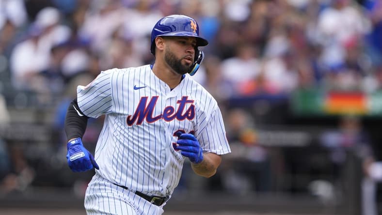 May 21, 2023; New York City, NY, USA; New York Mets catcher Gary Sanchez (33) runs after hitting a single against the Cleveland Guardians during the fourth inning Mandatory Credit: Gregory Fisher-USA TODAY Sports