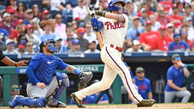 May 21, 2023; Philadelphia, Pennsylvania, USA;  Philadelphia Phillies second baseman Bryson Stott (5) watches his two run home run against the Chicago Cubs during the seventh inning at Citizens Bank Park. Mandatory Credit: Eric Hartline-USA TODAY Sports