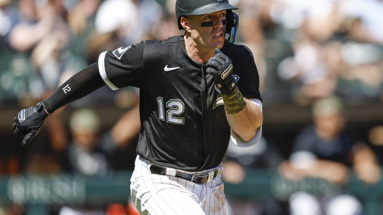 May 21, 2023; Chicago, Illinois, USA; Chicago White Sox right fielder Romy Gonzalez (12) runs after hitting a two-run triple against the Kansas City Royals during the fifth inning at Guaranteed Rate Field. Mandatory Credit: Kamil Krzaczynski-USA TODAY Sports