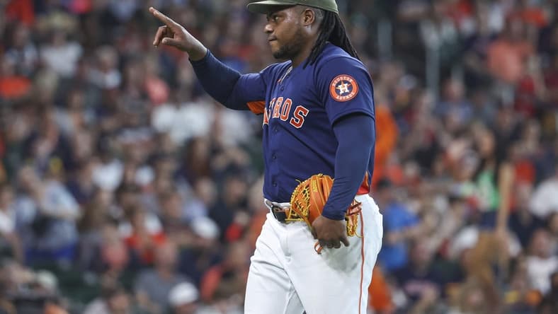May 21, 2023; Houston, Texas, USA; Houston Astros starting pitcher Framber Valdez (59) walks off the mound after pitching during the seventh inning against the Oakland Athletics at Minute Maid Park. Mandatory Credit: Troy Taormina-USA TODAY Sports