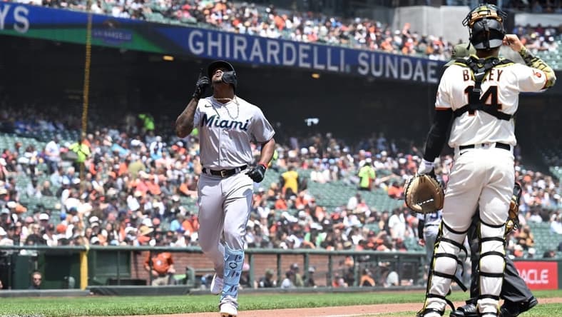 May 21, 2023; San Francisco, California, USA; Miami Marlins designated hitter Jorge Soler (12) reacts after hitting a solo home run against the San Francisco Giants during the first inning at Oracle Park. Mandatory Credit: Robert Edwards-USA TODAY Sports