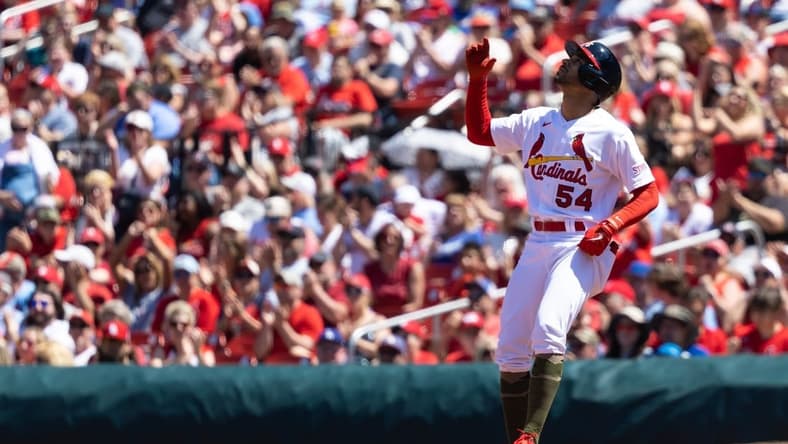 May 21, 2023; St. Louis, Missouri, USA; St. Louis Cardinals scar Mercado (54) hits a single against the Los Angeles Dodgers in the fourth inning at Busch Stadium. Mandatory Credit: Zach Dalin-USA TODAY Sports