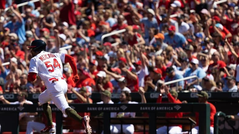 May 21, 2023; St. Louis, Missouri, USA; Oscar Mercado (54) runs the bases at Busch Stadium against the Los Angeles Dodgers. Mandatory Credit: Zach Dalin-USA TODAY Sports