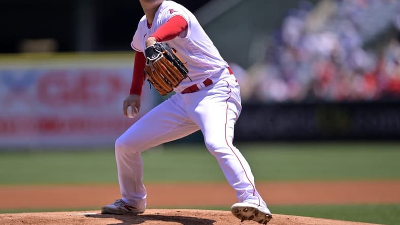 May 21, 2023; Anaheim, California, USA; Los Angeles Angels starting pitcher Shohei Ohtani (17) throws to the plate in the first inning against the Minnesota Twins at Angel Stadium. Mandatory Credit: Jayne Kamin-Oncea-USA TODAY Sports