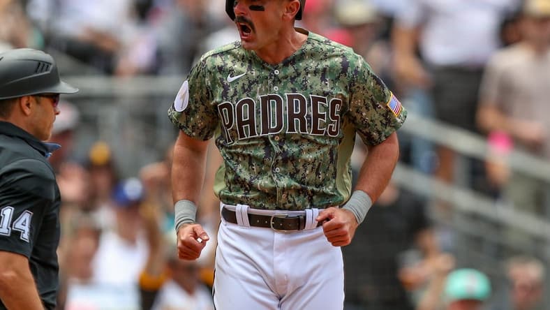 May 21, 2023; San Diego, California, USA; San Diego Padres designated hitter Matt Carpenter (14) celebrates after he scores during the first inning against the Boston Red Sox at Petco Park. Mandatory Credit: David Frerker-USA TODAY Sports