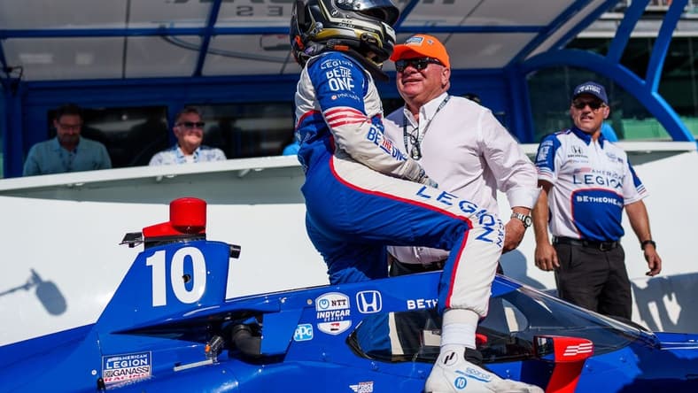 May 21, 2023; Indianapolis, Indiana, USA; Chip Ganassi Racing driver Alex Palou (10) talks with team owner Chip Ganassi after his final fun for the pole position Sunday, May 21, 2023, during Firestone Fast Six qualifying at Indianapolis Motor Speedway in preparation for the 107th running of the Indianapolis 500. Mandatory Credit: Mykal McEldowney-USA TODAY Sports