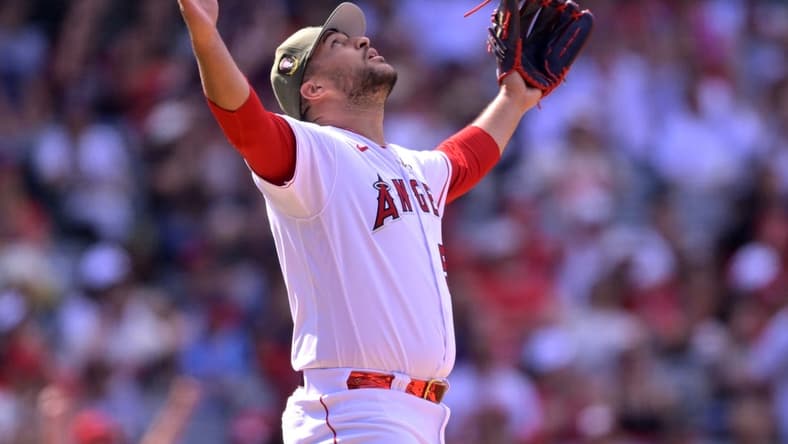 May 21, 2023; Anaheim, California, USA;  Los Angeles Angels relief pitcher Carlos Estevez (53) reacts after earning a save in the ninth against the Minnesota Twins at Angel Stadium. Mandatory Credit: Jayne Kamin-Oncea-USA TODAY Sports