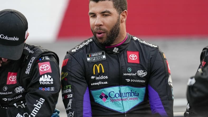 May 21, 2023; North Wilkesboro, North Carolina, USA; NASCAR Cup Series driver Bubba Wallace (23) during the All Star Race at North Wilkesboro Speedway. Mandatory Credit: Jim Dedmon-USA TODAY Sports