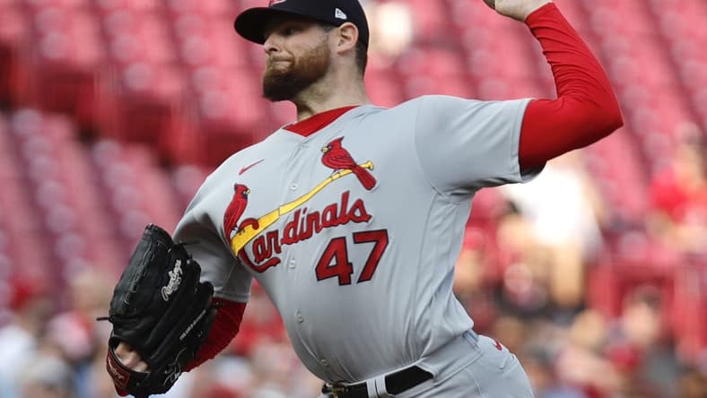 May 22, 2023; Cincinnati, Ohio, USA; St. Louis Cardinals starting pitcher Jordan Montgomery (47) throws against the Cincinnati Reds during the first inning at Great American Ball Park. Mandatory Credit: David Kohl-USA TODAY Sports