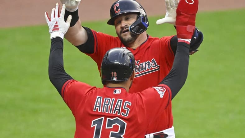 May 22, 2023; Cleveland, Ohio, USA; Cleveland Guardians catcher Mike Zunino (10) celebrates his two-run home run with third baseman Gabriel Arias (13) in the seventh inning against the Chicago White Sox at Progressive Field. Mandatory Credit: David Richard-USA TODAY Sports