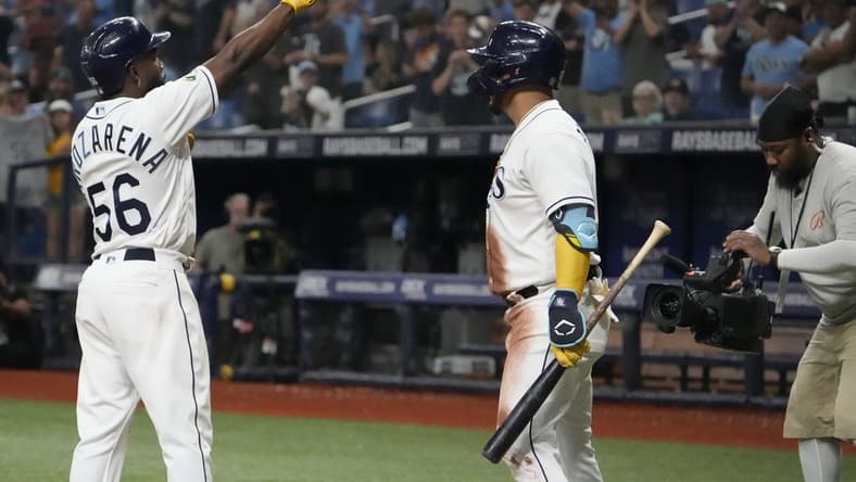 May 22, 2023; St. Petersburg, Florida, USA; Tampa Bay Rays left fielder Randy Arozarena (56) celebrates after hitting a home run against the Toronto Blue Jays during the sixth inning at Tropicana Field. Mandatory Credit: Dave Nelson-USA TODAY Sports