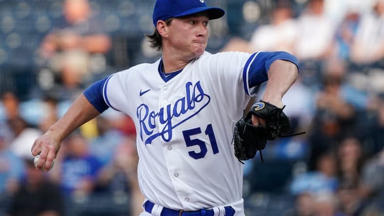 May 22, 2023; Kansas City, Missouri, USA; Kansas City Royals starting pitcher Brady Singer (51) delivers a pitch against the Detroit Tigers in the first inning at Kauffman Stadium. Mandatory Credit: Denny Medley-USA TODAY Sports