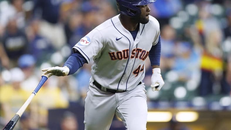 May 22, 2023; Milwaukee, Wisconsin, USA; Houston Astros designated hitter Yordan Alvarez (44) watches his grand slam home run during the sixth inning against the Milwaukee Brewers at American Family Field. Mandatory Credit: Jeff Hanisch-USA TODAY Sports
