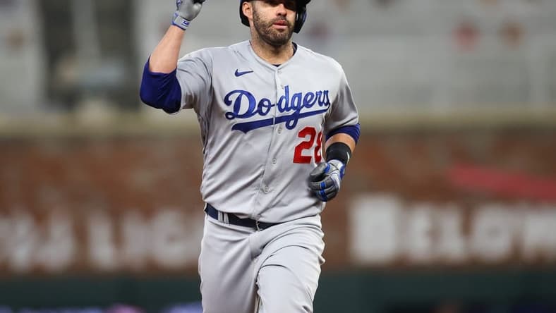 May 22, 2023; Atlanta, Georgia, USA; Los Angeles Dodgers designated hitter J.D. Martinez (28) celebrates after a home run against the Atlanta Braves in the seventh inning at Truist Park. Mandatory Credit: Brett Davis-USA TODAY Sports
