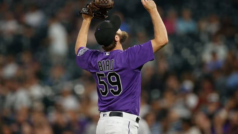 May 22, 2023; Denver, Colorado, USA; Colorado Rockies relief pitcher Jake Bird (59) reacts at the end of the seventh inning against the Miami Marlins at Coors Field. Mandatory Credit: Isaiah J. Downing-USA TODAY Sports