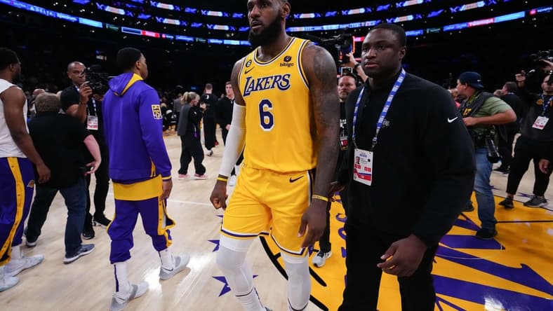 May 22, 2023; Los Angeles, California, USA; Los Angeles Lakers forward LeBron James (6) reacts to losing to the Denver Nuggets in game four of the Western Conference Finals for the 2023 NBA playoffs at Crypto.com Arena. Mandatory Credit: Kirby Lee-USA TODAY Sports